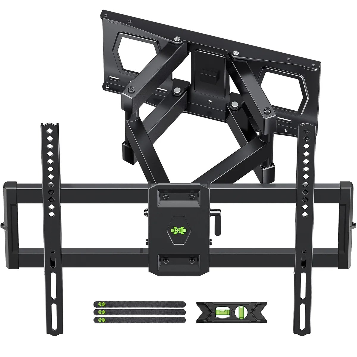 Black full-motion TV wall mount with dual articulating arms, rectangular wall plate, matte finish