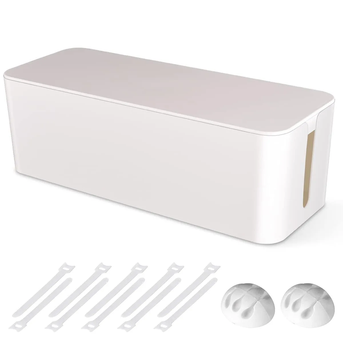 White rectangular cable management box with lid, 16 by 6.1 by 5.3 inches, tabletop style