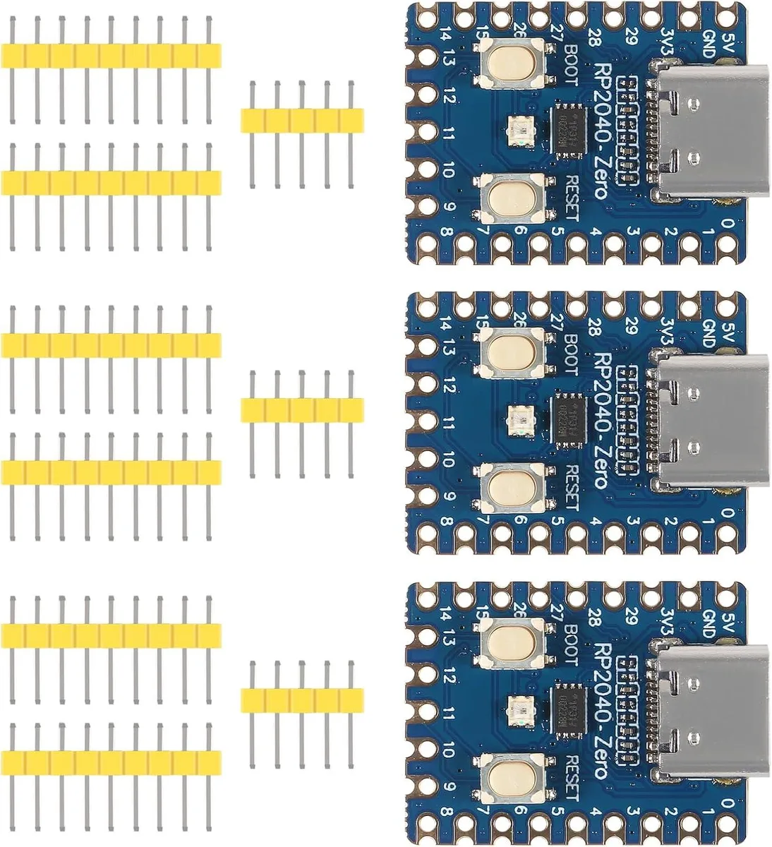 Three green RP2040-Zero boards with USB-C connectors