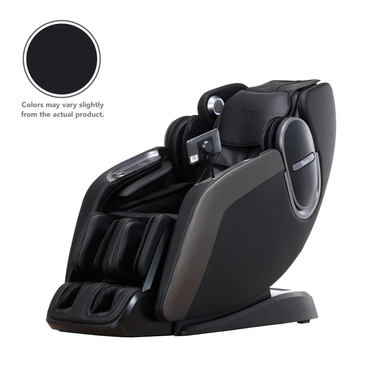 Large reclining massage chair in neutral upholstery with visible side panel and footrest