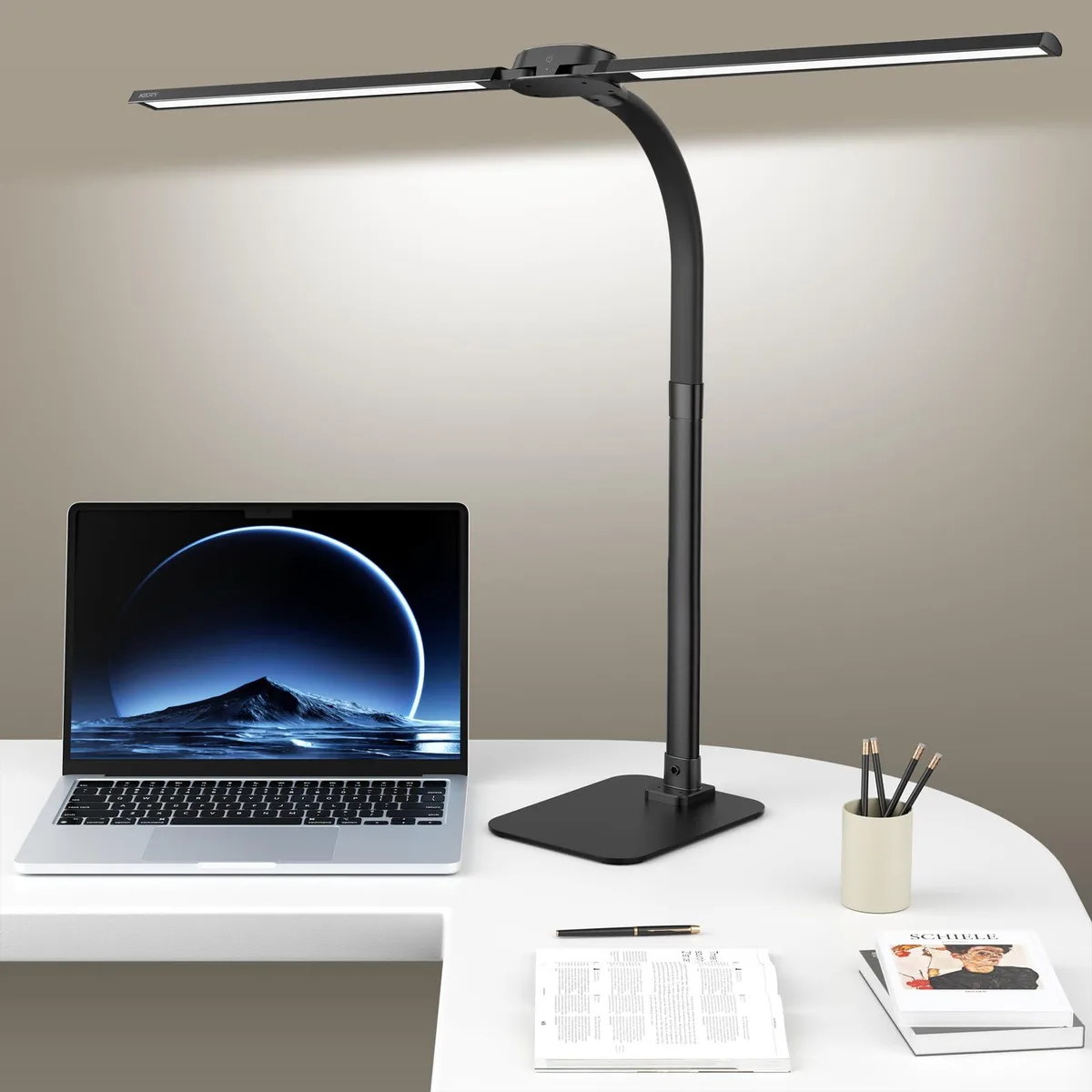 Polished dual-head LED desk lamp with gooseneck arms and remote control