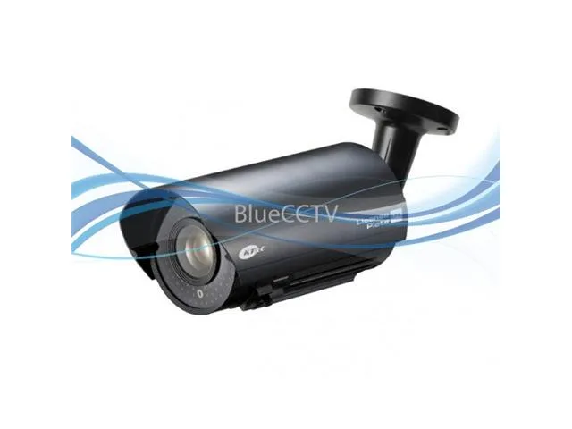 White bullet-style CCTV camera with varifocal lens and LED array