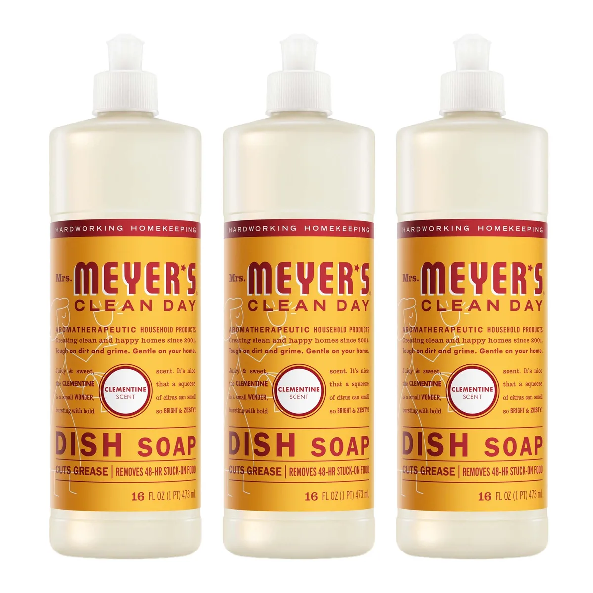 Three white 16oz bottles of Clementine dish soap