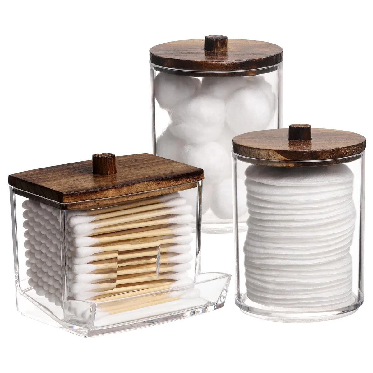 Three clear plastic jars with brown wood lids, two 10 oz and one 7 oz