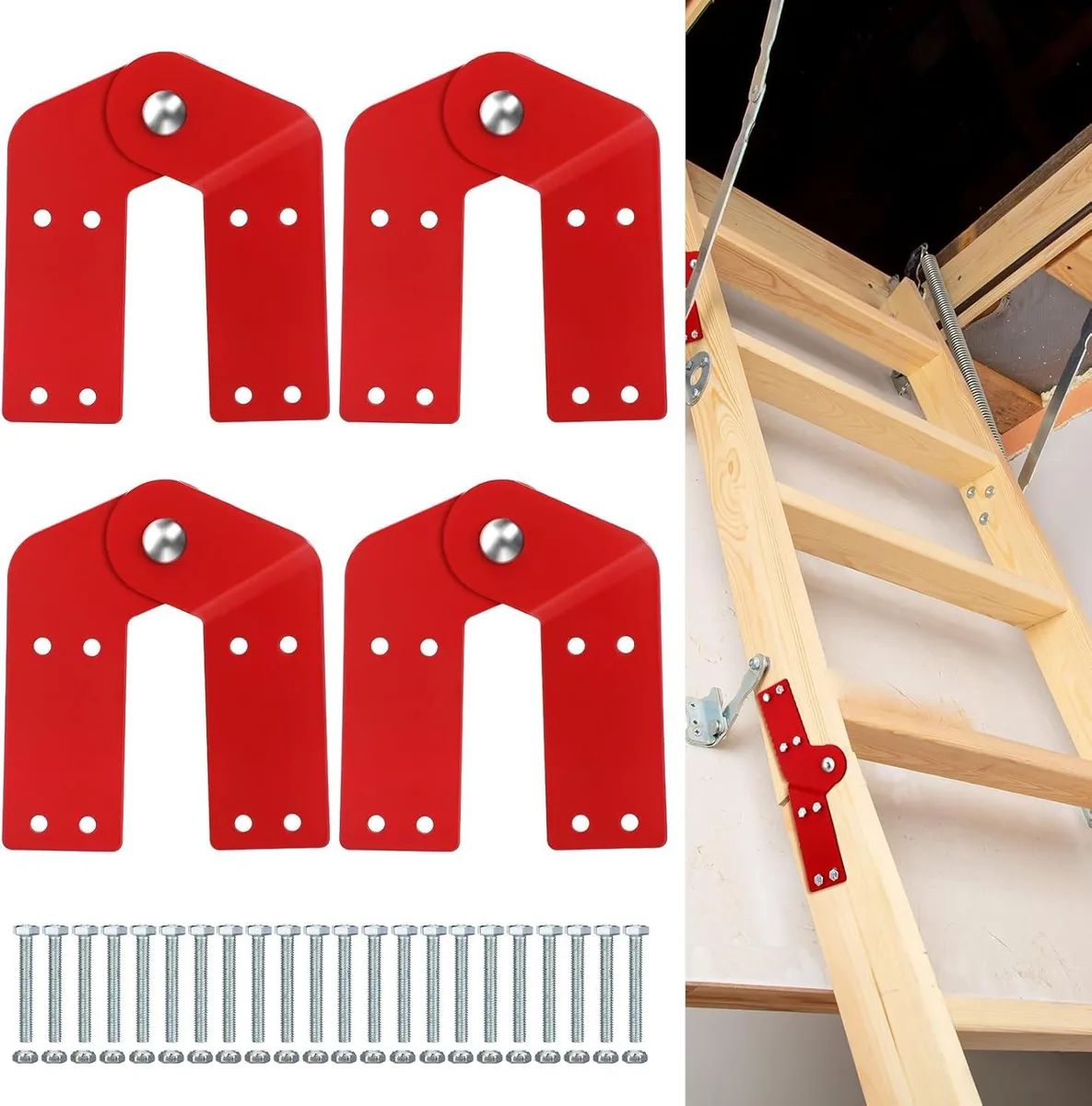 Four red galvanised steel attic ladder hinges with 32 anti-slip screws