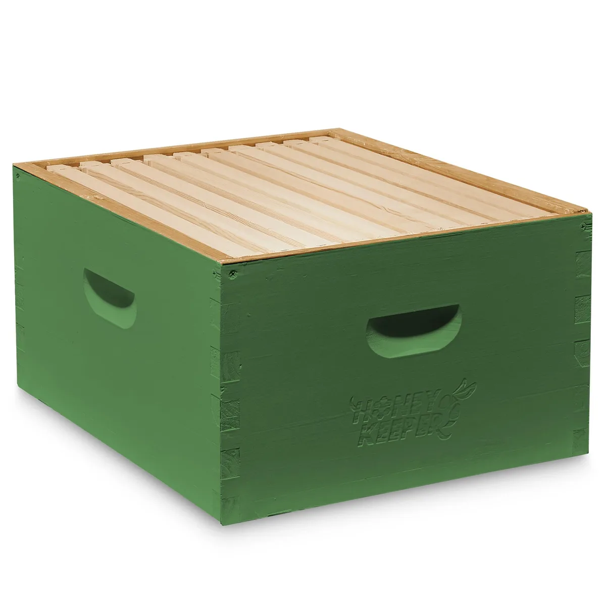 Green painted wooden deep hive body with 10 frames