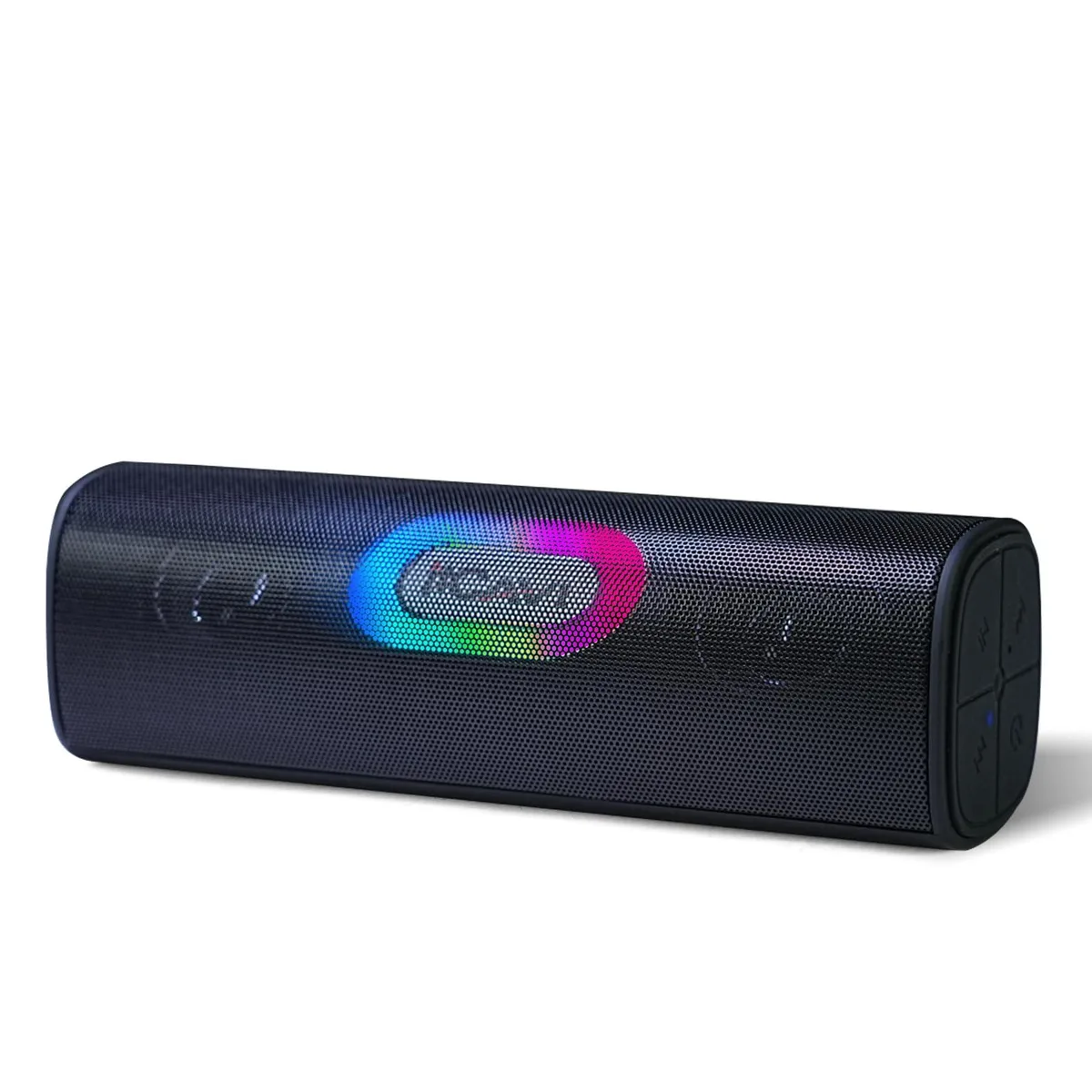 Black rectangular portable Bluetooth speaker with fabric grille, rubberised edges, RGB light ring and carry strap
