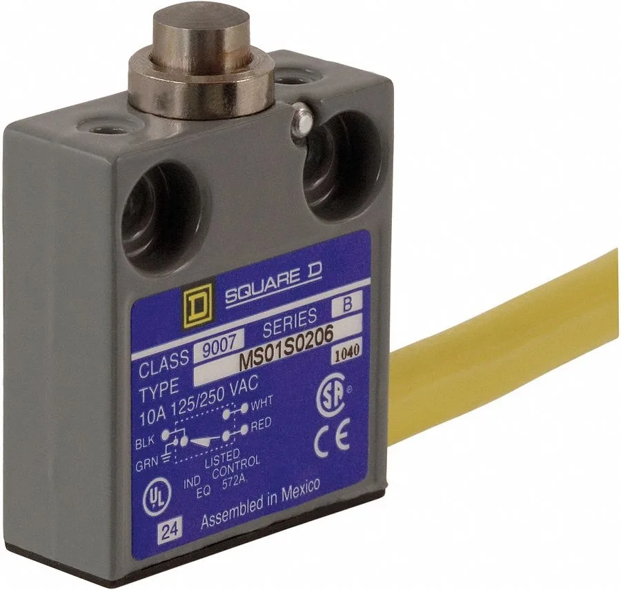 Compact Square D mini limit switch with top push plunger actuator, grey industrial housing