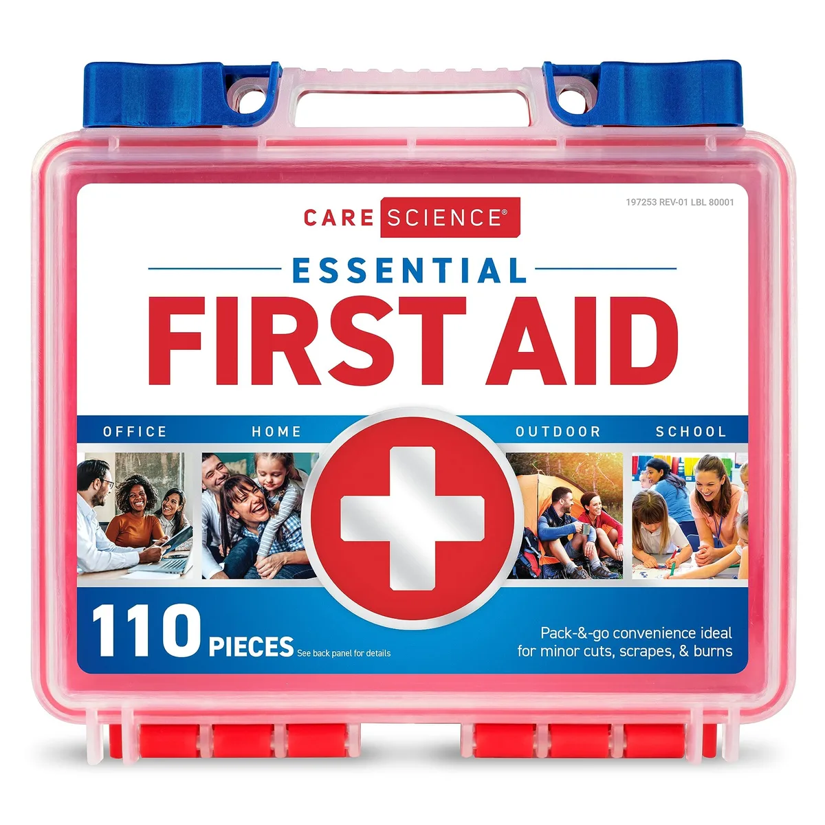 Clear plastic first aid kit case with 110 supplies inside
