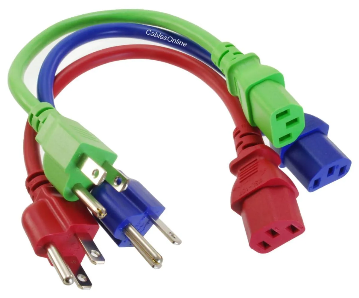  CABLESONLINE.COM ATLANTIC COMPUTERTECH 3-Pack 1ft NEMA 5-15P to IEC C13 Computer Power Cords, Blue Green Red — product photo
