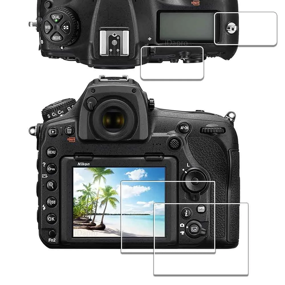 Two clear tempered glass screen protectors and two top-screen protectors for Nikon D850 in a glossy finish