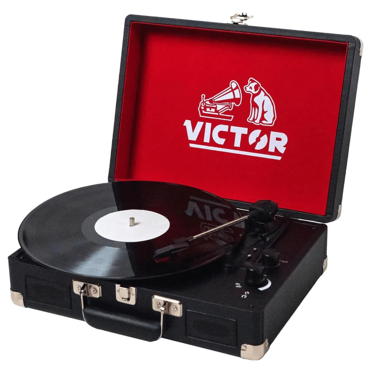 Black suitcase-style turntable with vinyl finish, silver hardware, built-in speakers and carrying handle