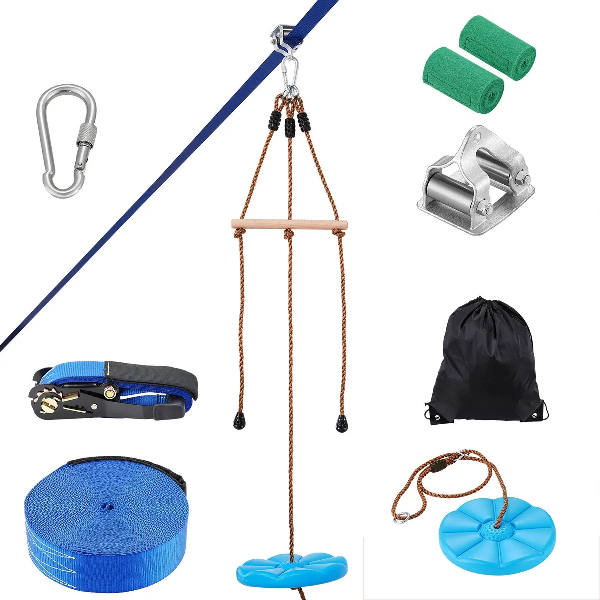 Boxed zipline kit with seat, handlebar and coiled cable