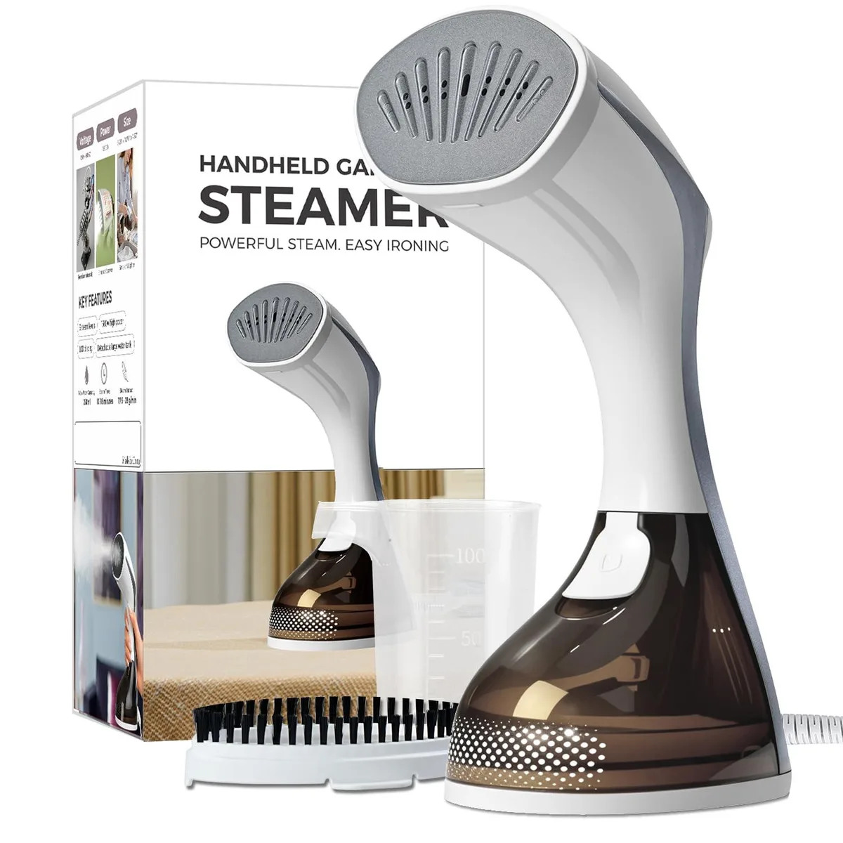 White handheld steamer with ceramic soleplate, 250ml tank, LED display
