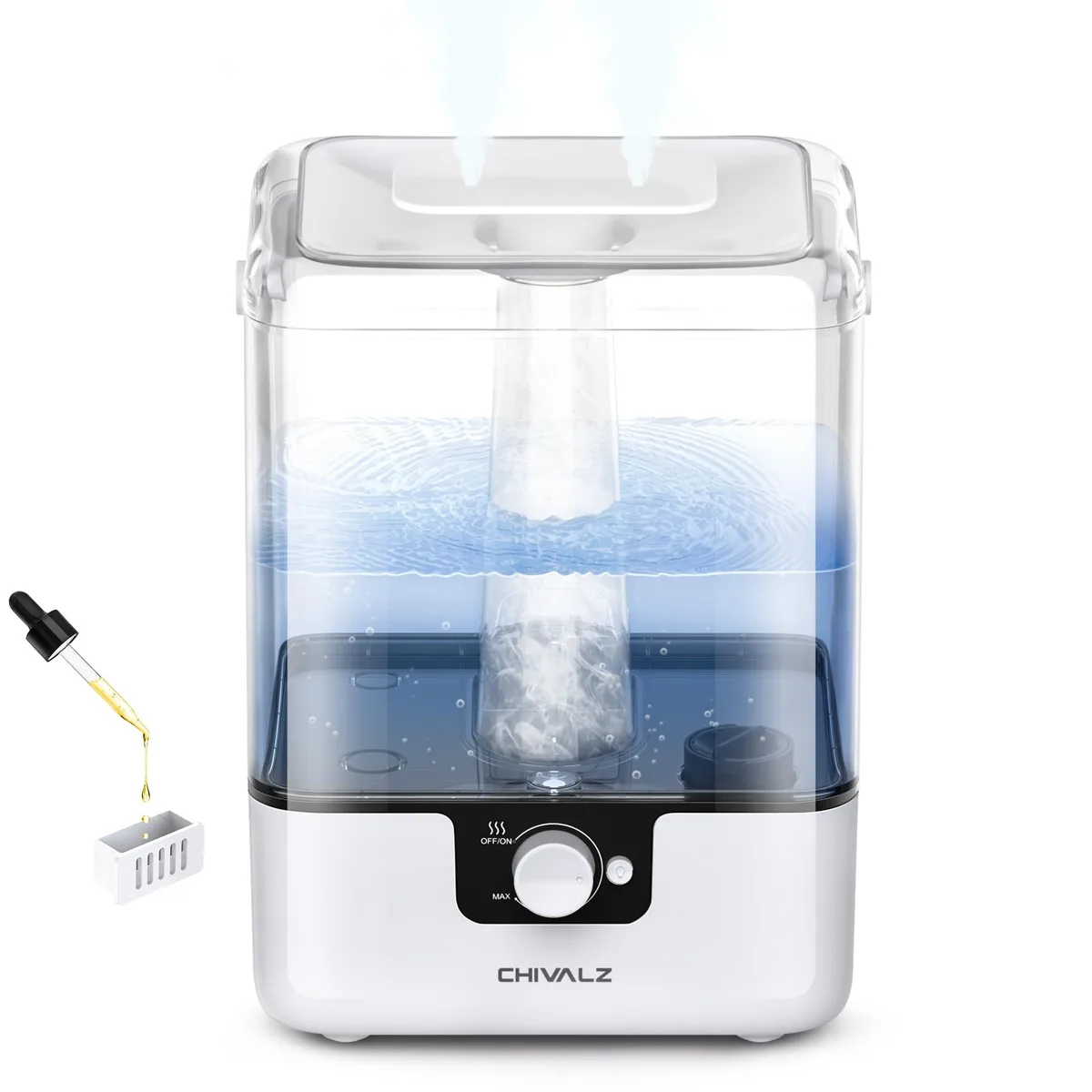 White rectangular humidifier with top-fill opening and control knob