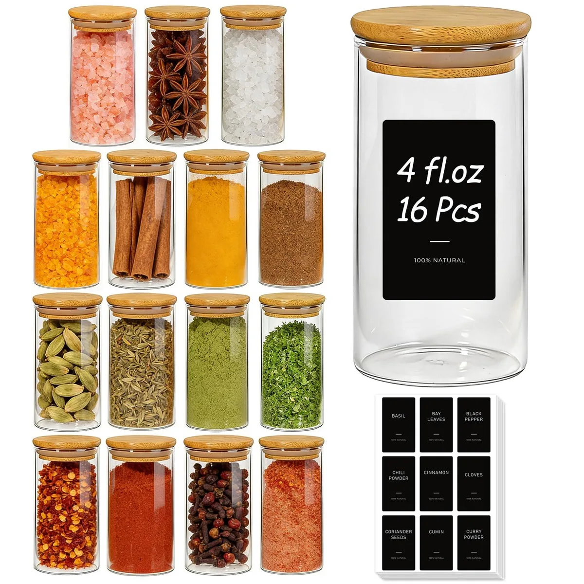 Sixteen clear round glass jars with bamboo lids on a surface