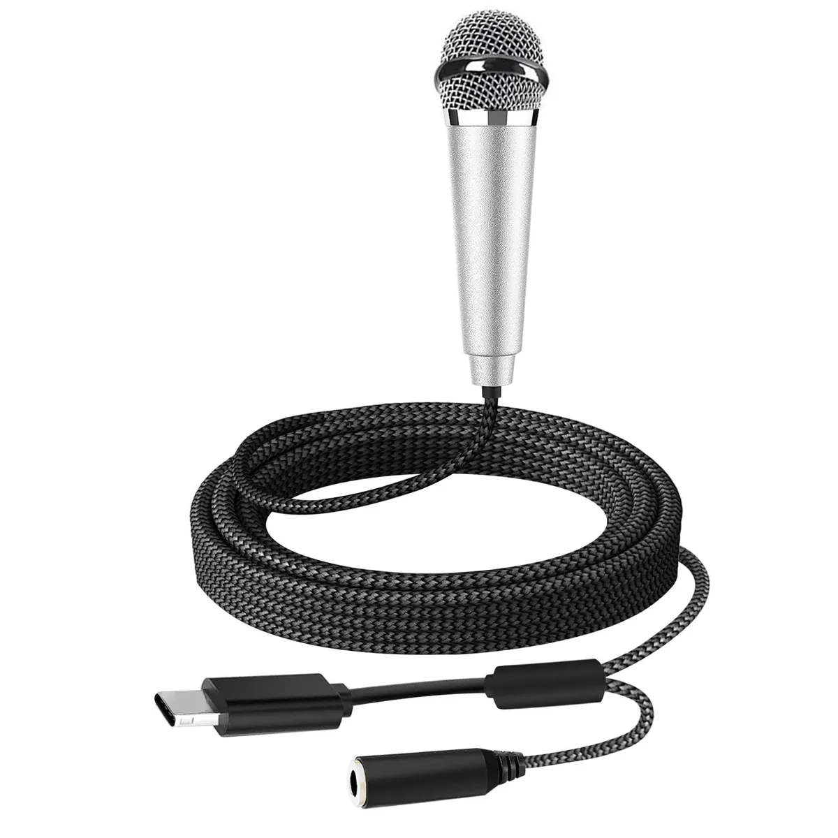 Tiny silver USB-C microphone smaller than a thumb