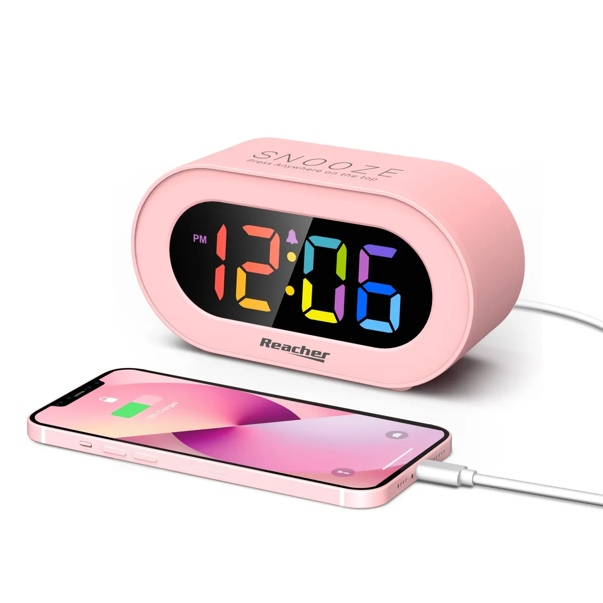  Pink Girls Alarm Clock, LED display, USB charger, 5.6 in — product photo