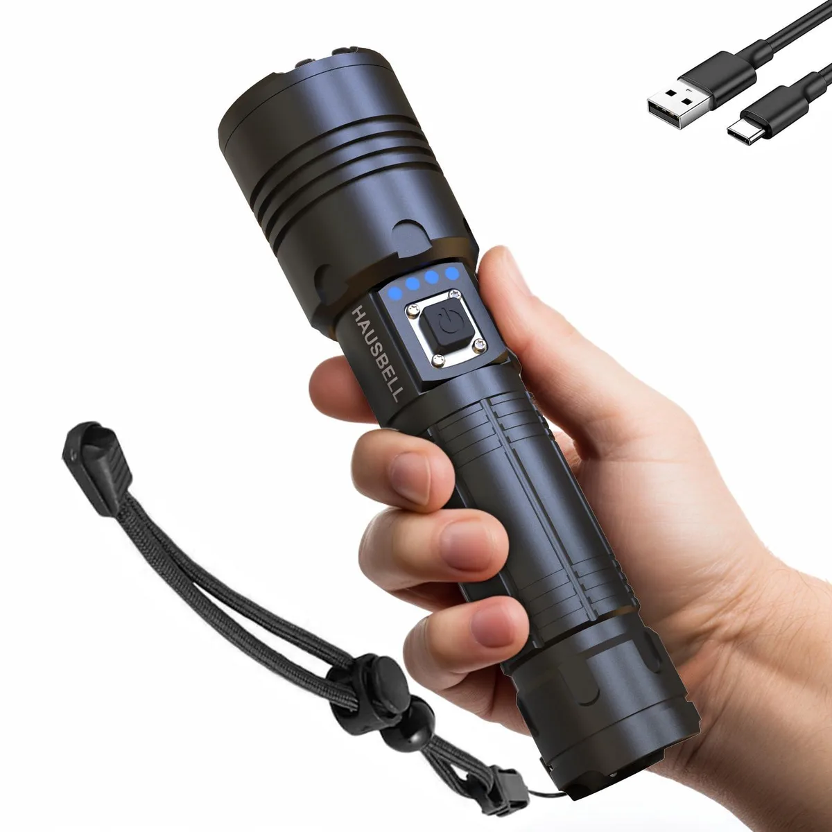 Compact aluminium flashlight with zoom head and USB-C port