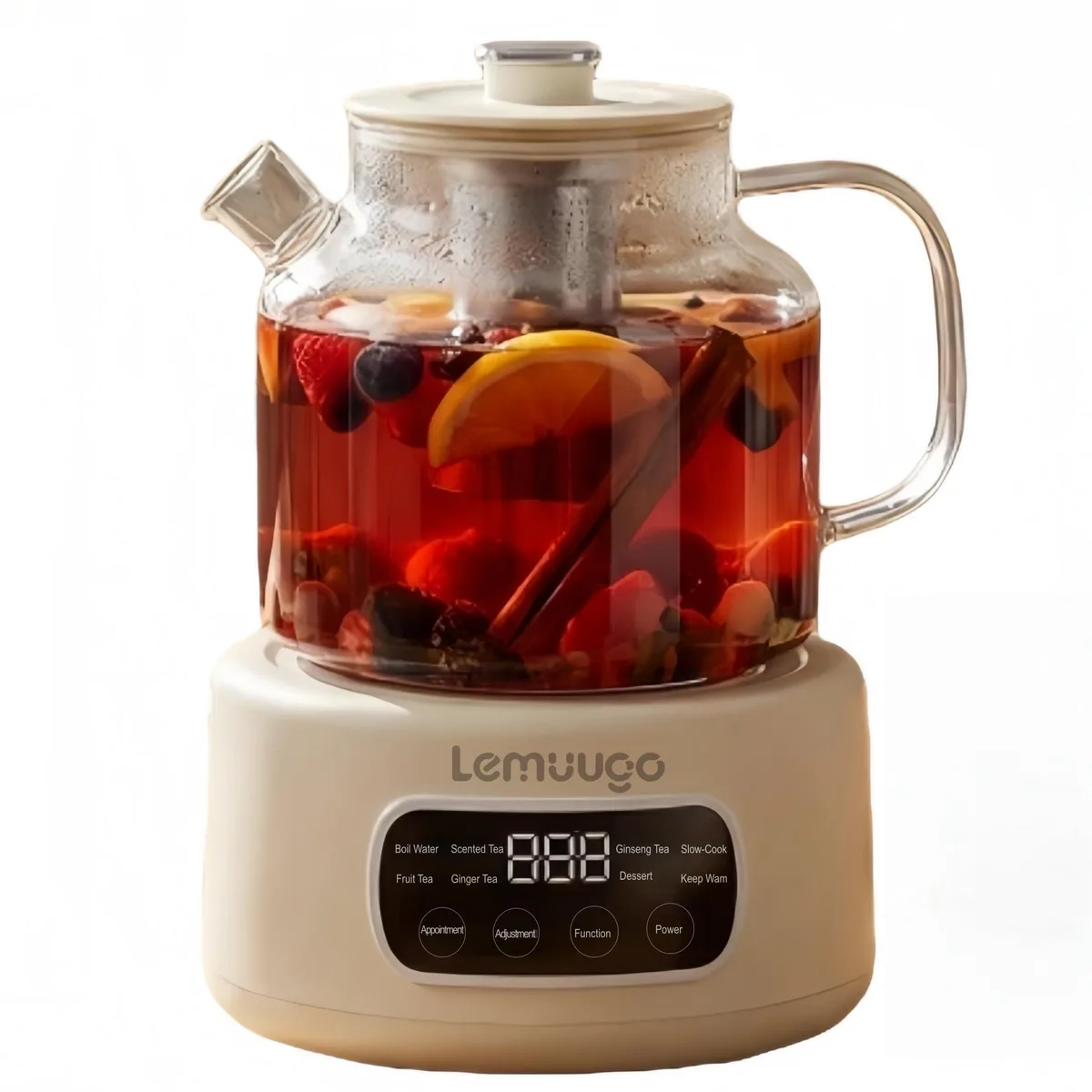  Lemuugo 1.2L Glass Tea Kettle White 304 Infuser 24H Timer — product photo