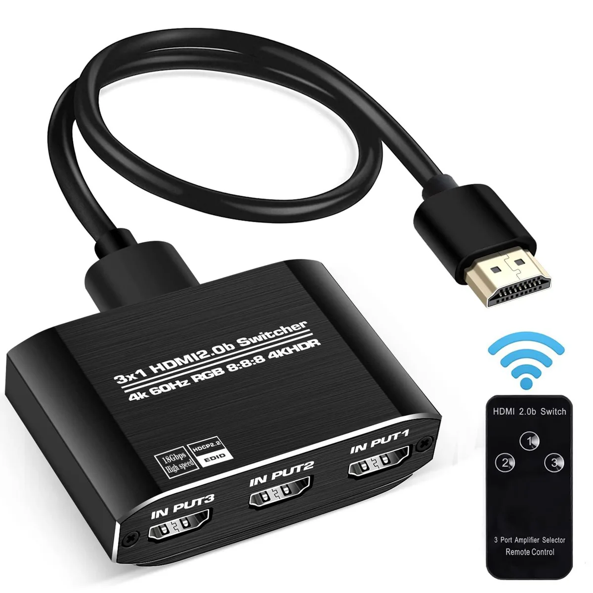 BUCIER BUCIER HDMI-3x1 3-Port 4K@60Hz Switch with 3.9ft Cable — product photo