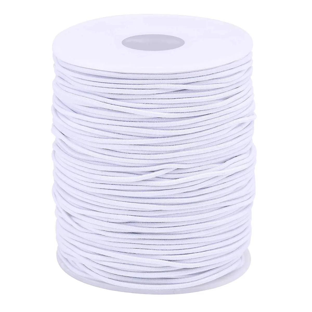 White 1.5 mm elastic cord on a plastic spool, 109 yards