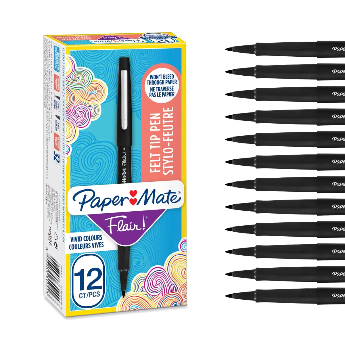 Paper Mate Flair Felt Tip Pens 0.7 mm Medium Tip Black Box of 12 — product photo