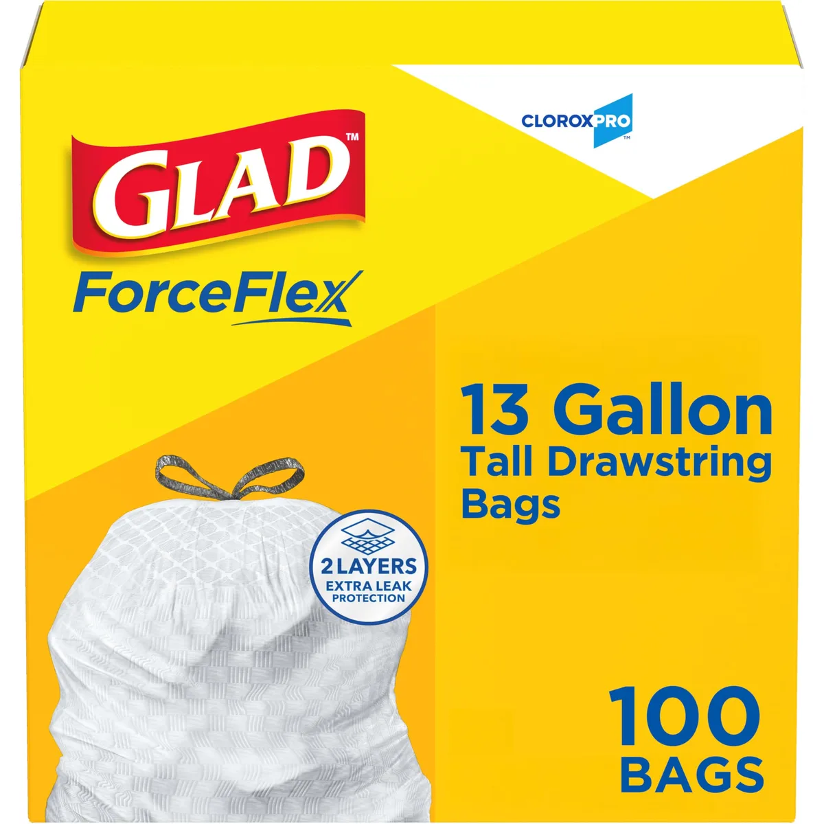 White rectangular box containing 100 white 13-gallon drawstring trash bags