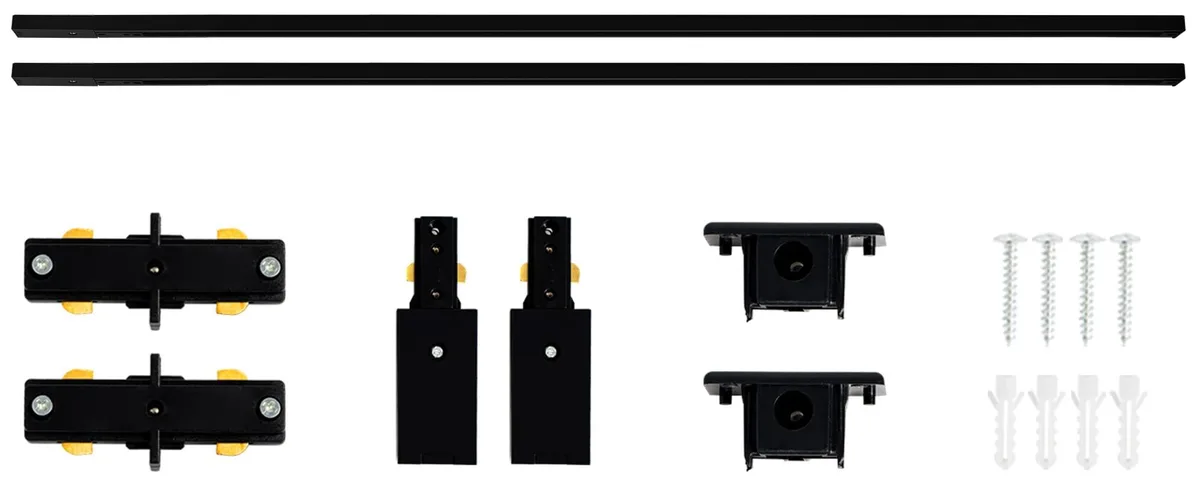 Two matte-black aluminium H-track rails joined end-to-end forming an 8-foot straight run