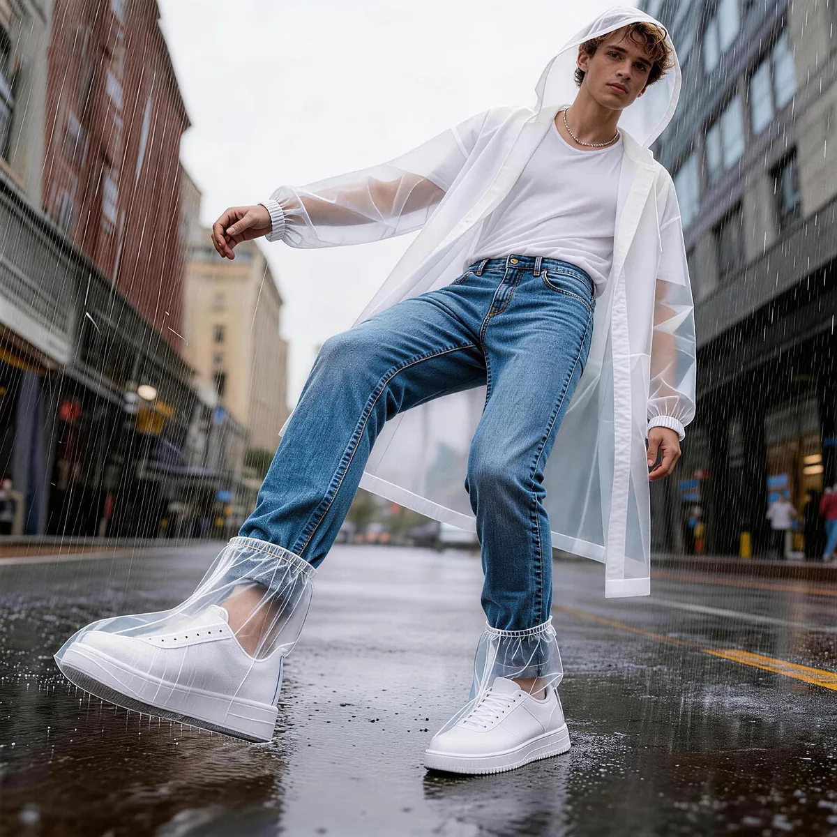 White rain poncho with drawstring hood plus ten white shoe covers laid flat