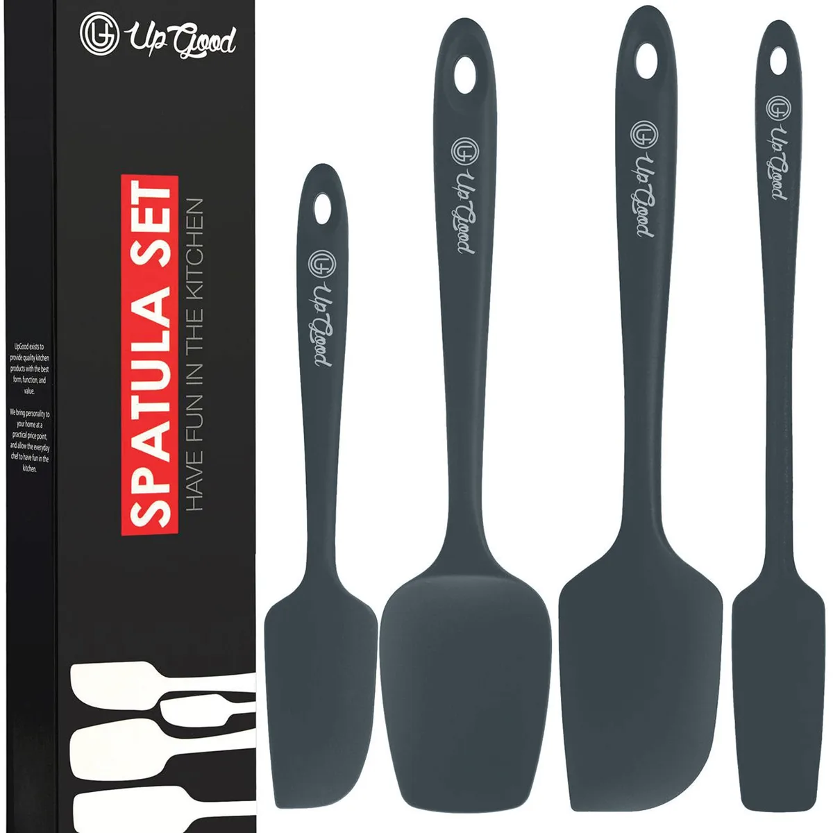 Four grey silicone spatulas with rectangular heads, one-piece seamless construction, varying sizes for mixing and scraping