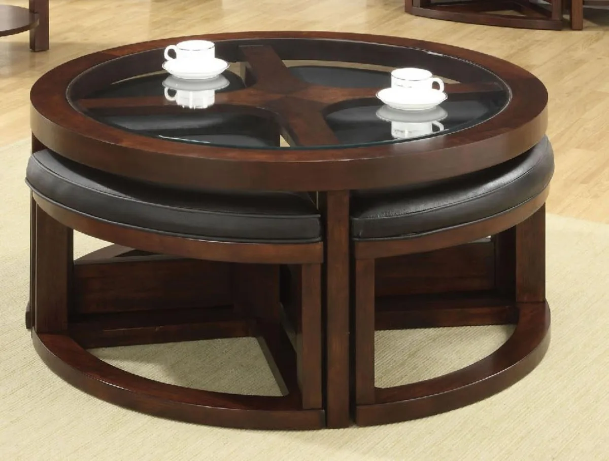 tuphen tuphen Dark Walnut Coffee Table with Glass Insert and Ottomans — product photo