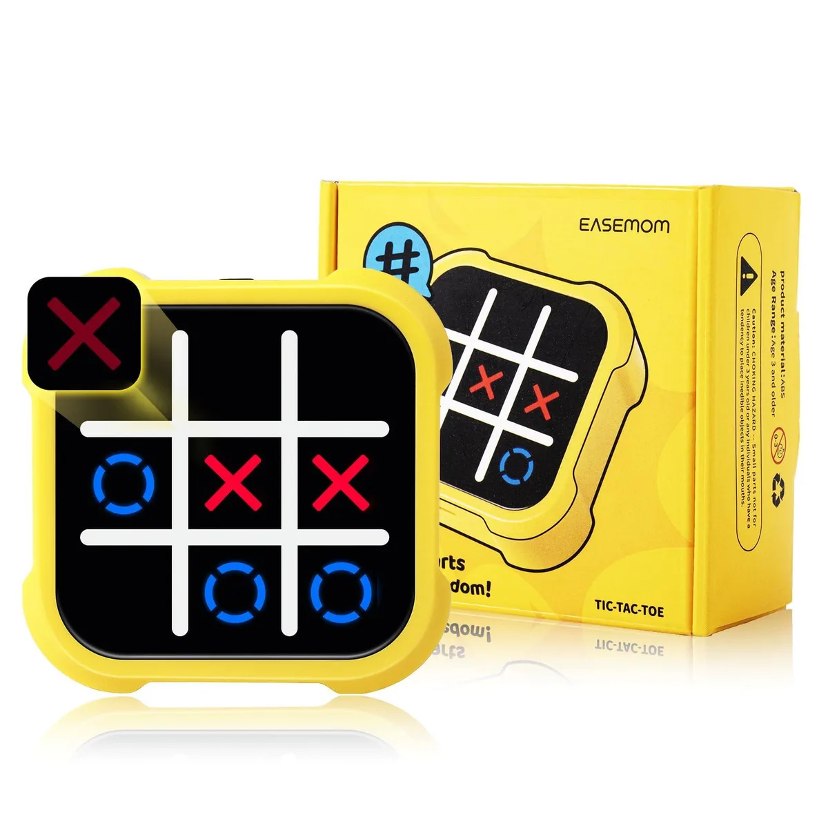 Black handheld tic-tac-toe console with touch grid and Type-C port