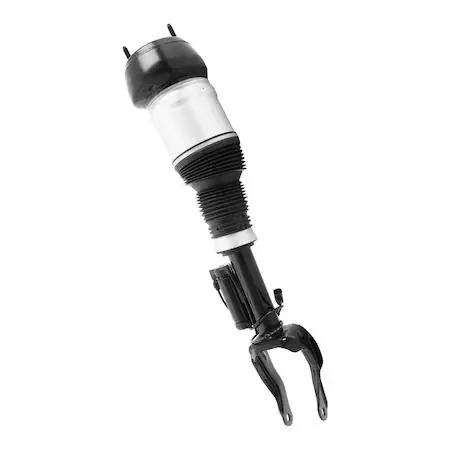 Front-left electronic air strut assembly, silver metal body with black rubber bellows and electrical connector