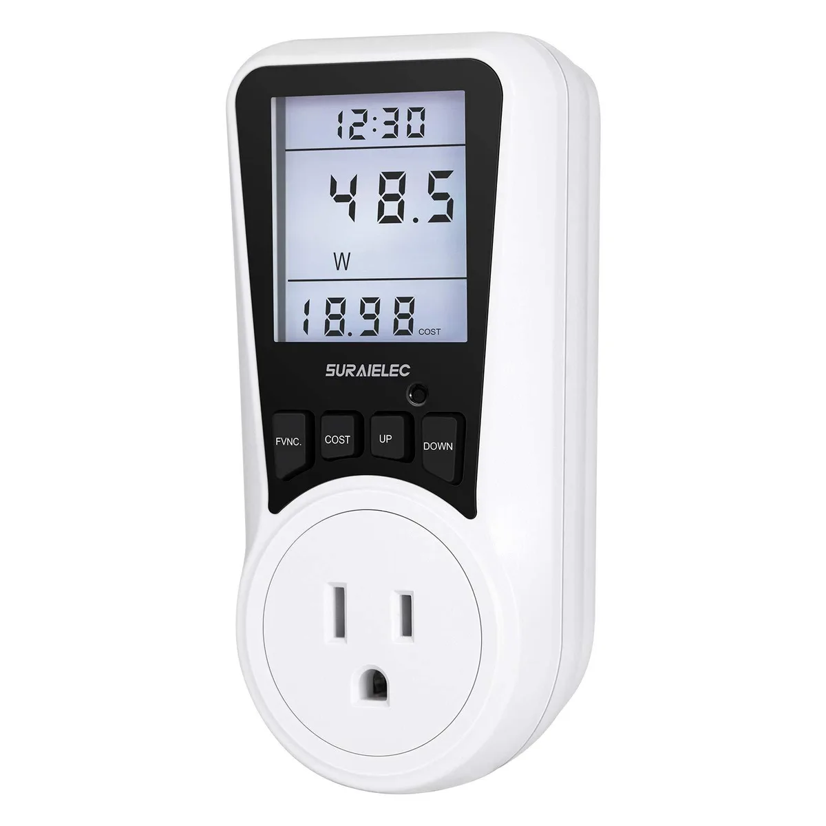 Compact white plug-in power meter clamp with backlit LCD display and NEMA 5-15 connectors