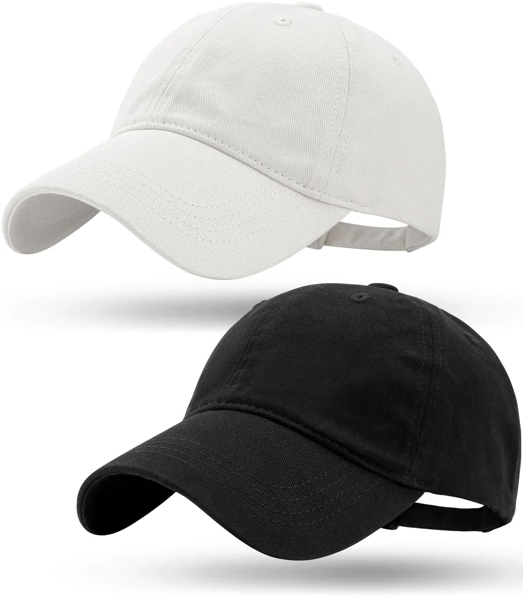 Two black unstructured washed cotton baseball caps with adjustable buckles