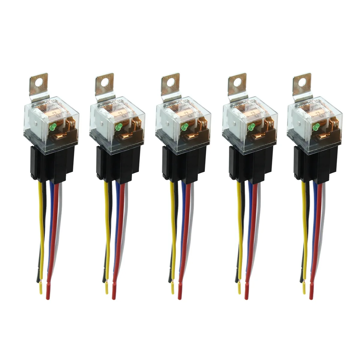 Five 24V 80A SPDT relays with pre-wired 5-pin harness sockets