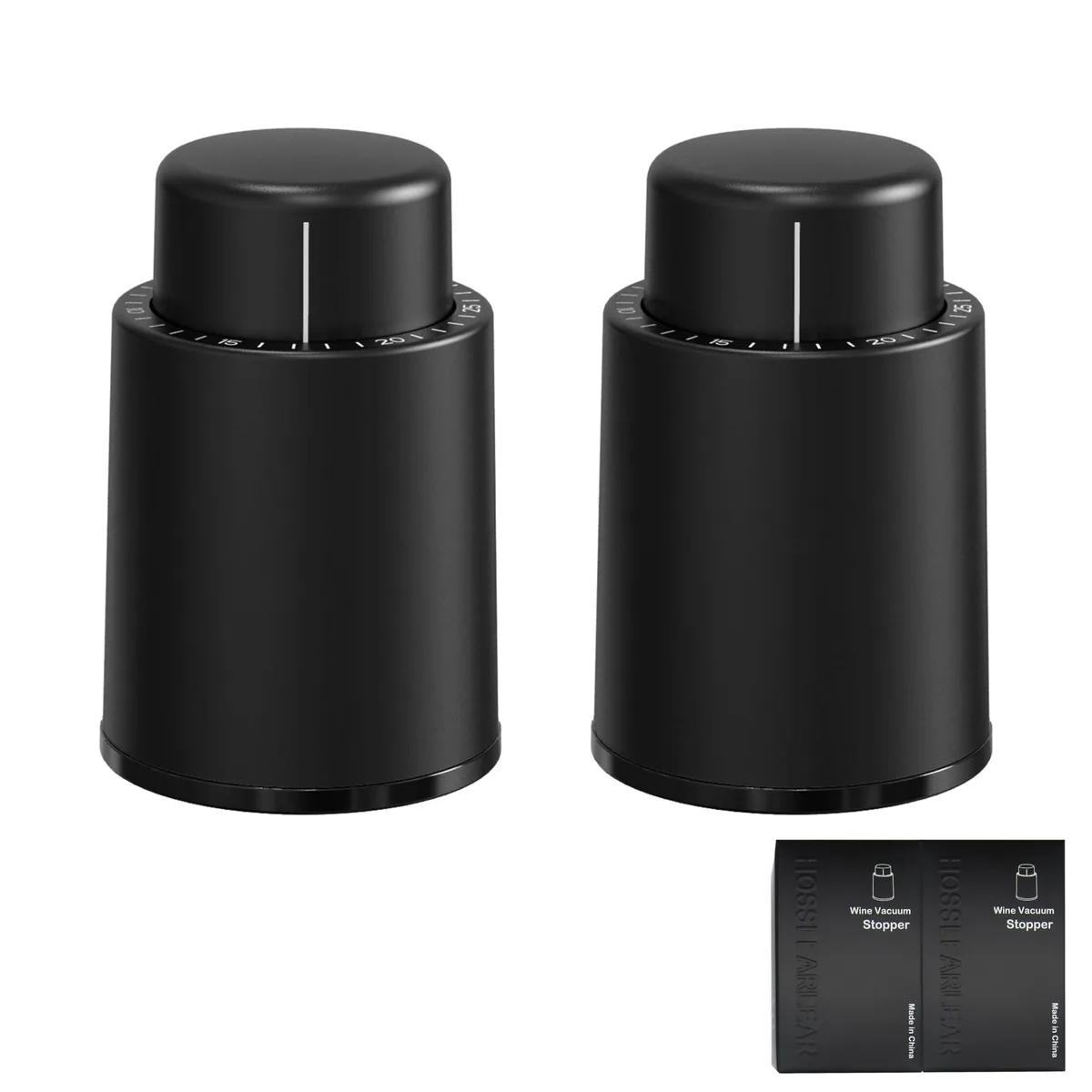 Two black vacuum wine stoppers with date dials, silicone seals and pump caps