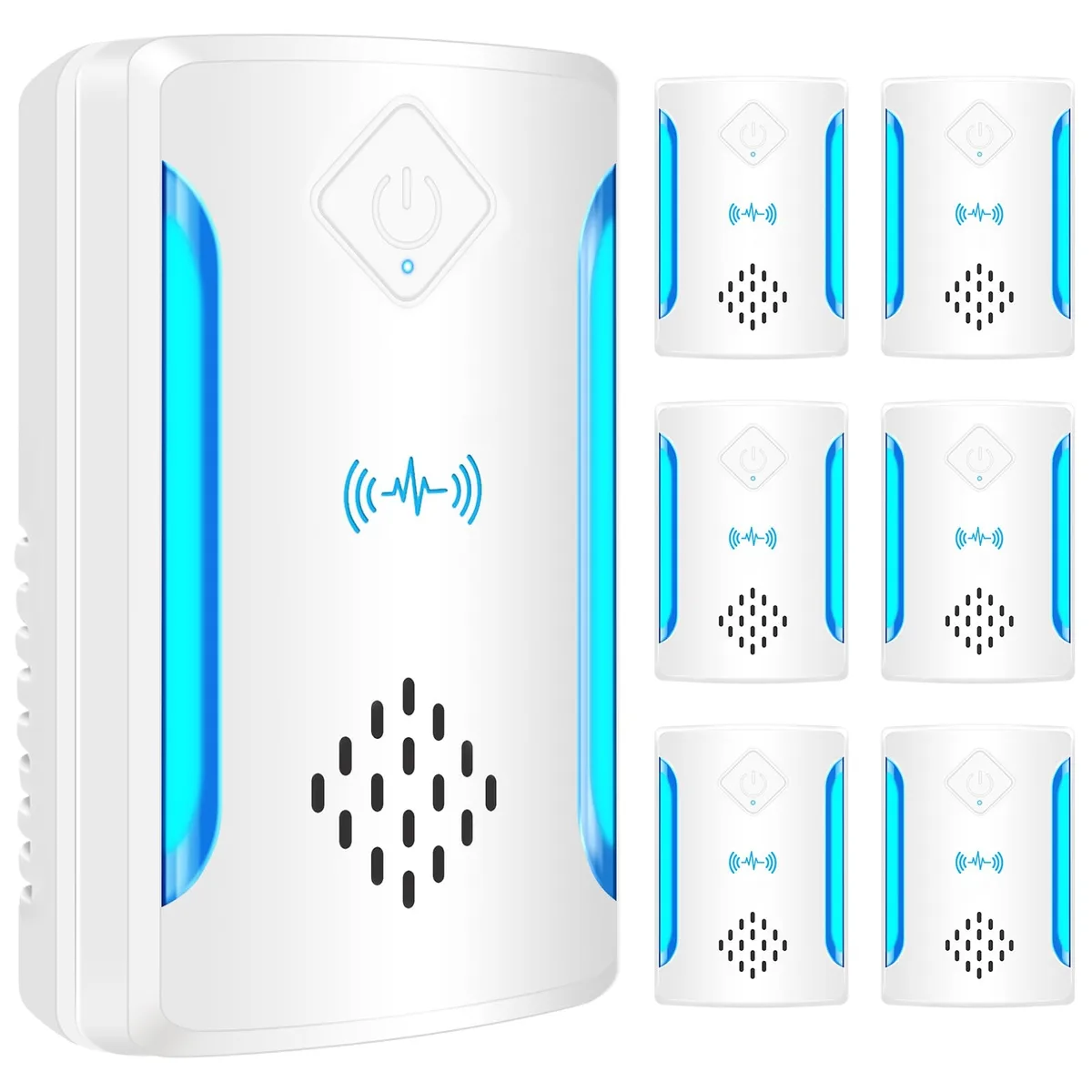 Six white plug-in ultrasonic pest repellers with blue night lights