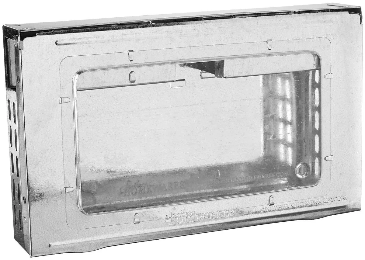 A rectangular plastic humane mouse trap with a clear transparent inspection window on top