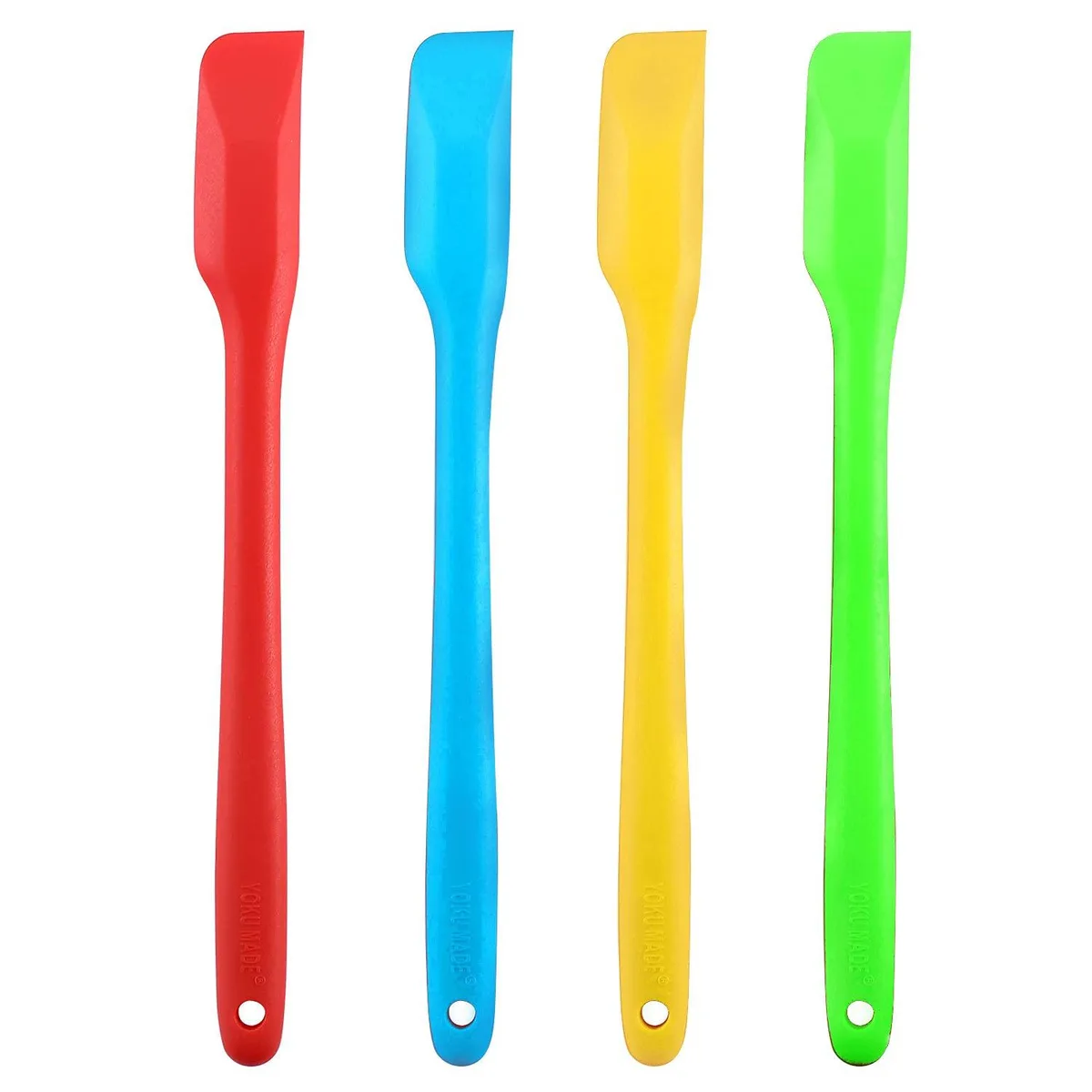 Four black silicone mini spatulas with long handles and thin edges