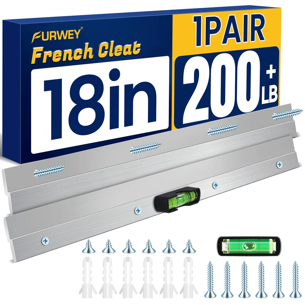 Silver aluminium French cleat pair, 18 inch length, with screws and level tool