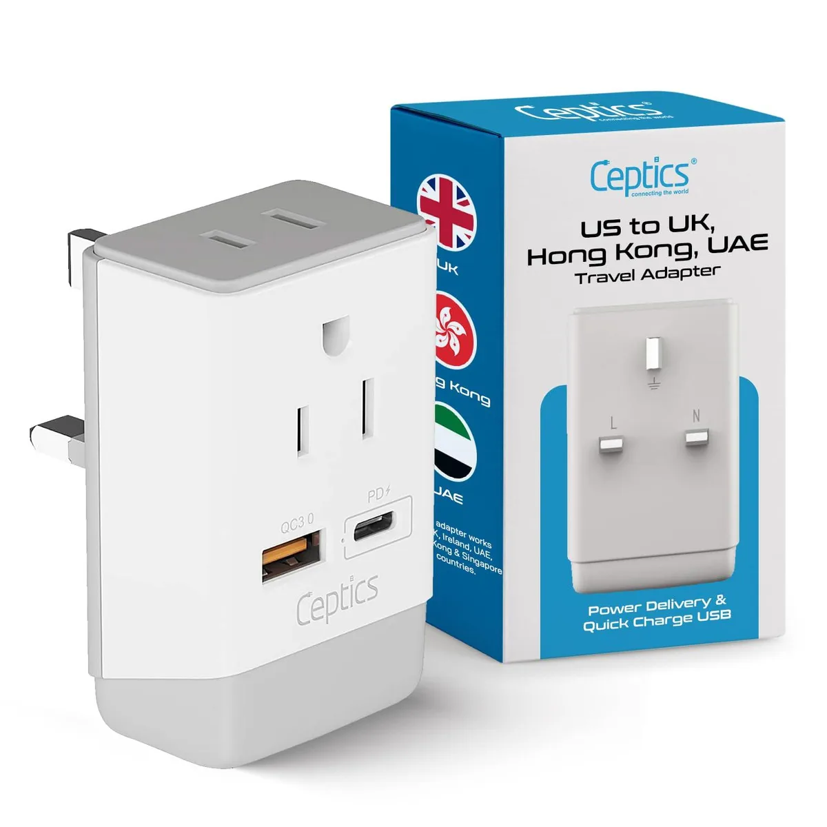White and grey Type G travel adapter with two US sockets, USB-A and USB-C ports