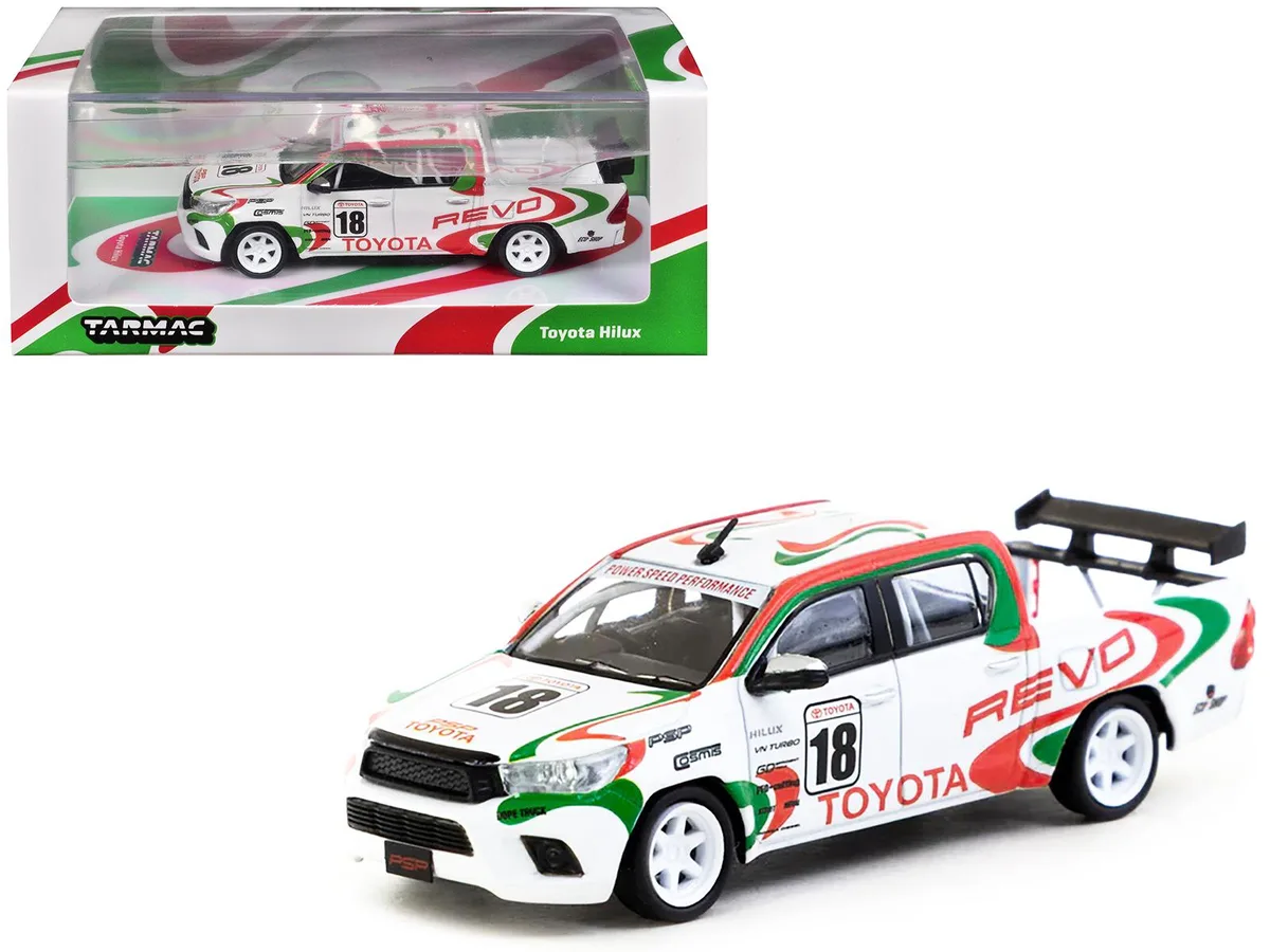 Tarmac Works Tarmac Works Toyota Hilux Pickup Truck RHD #18 White Red Green Graphics Hobby64 1/64 Diecast Hobby Collectible — product photo