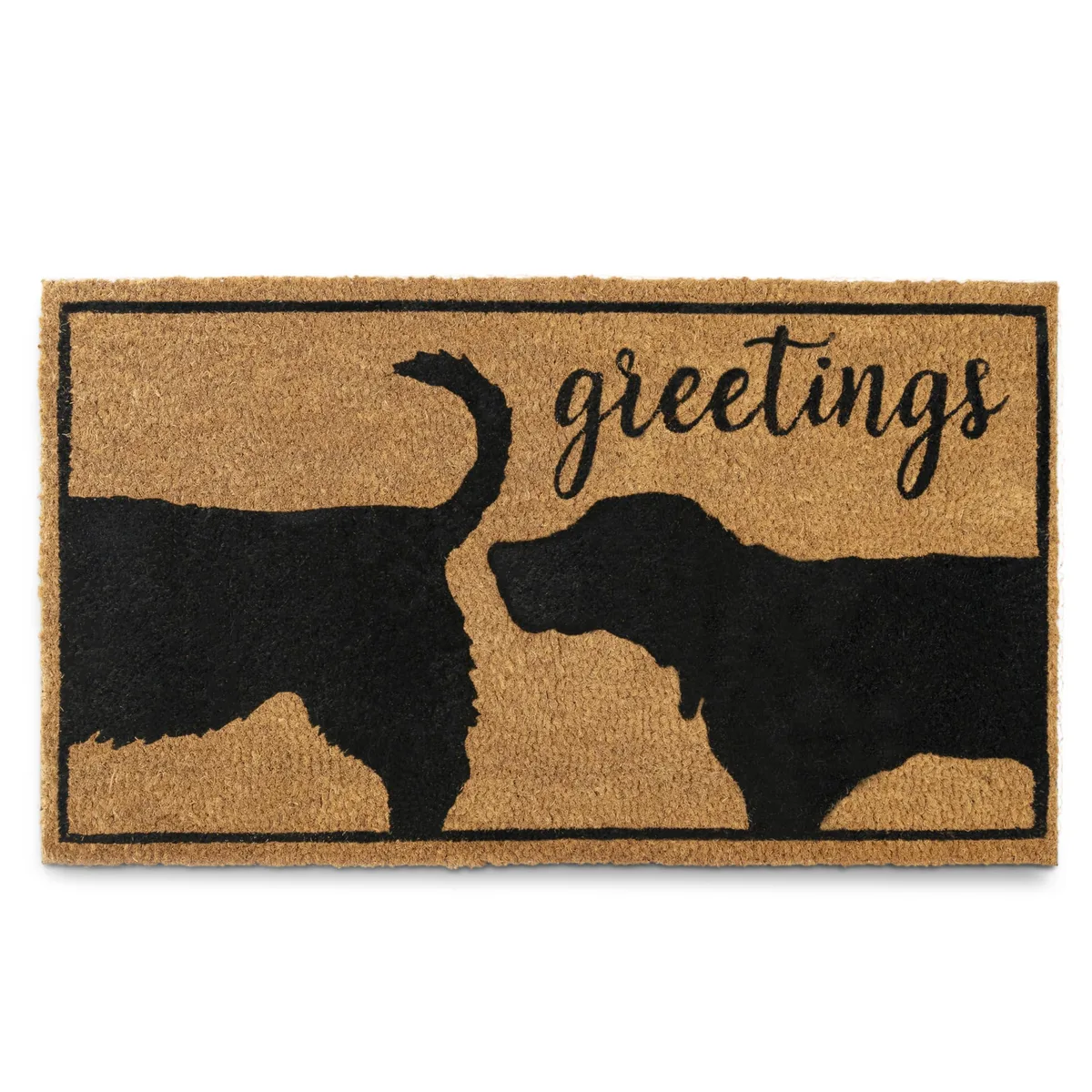 Rectangular brown coir doormat with printed lettering and PVC backing