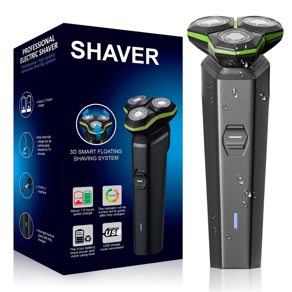Black rotary shaver with magnetic detachable head and cleaning brush