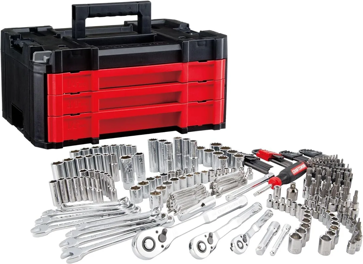 Red 3-drawer VERSASTACK tool chest holding 262-piece mechanic set