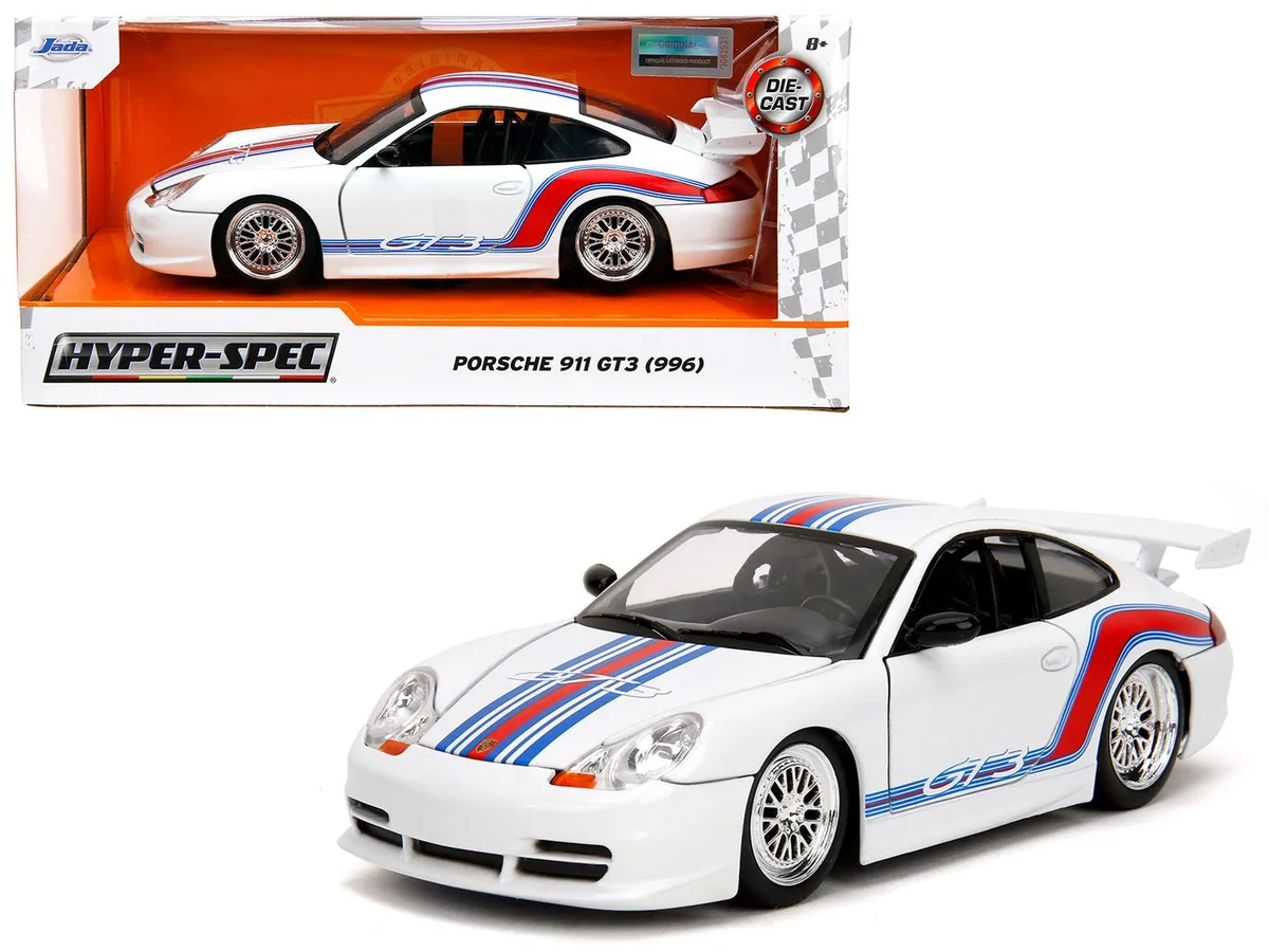 Jada Jada Porsche 911 GT3 (996) White Red Blue Stripes Hyper-Spec 1/24 Diecast — product photo