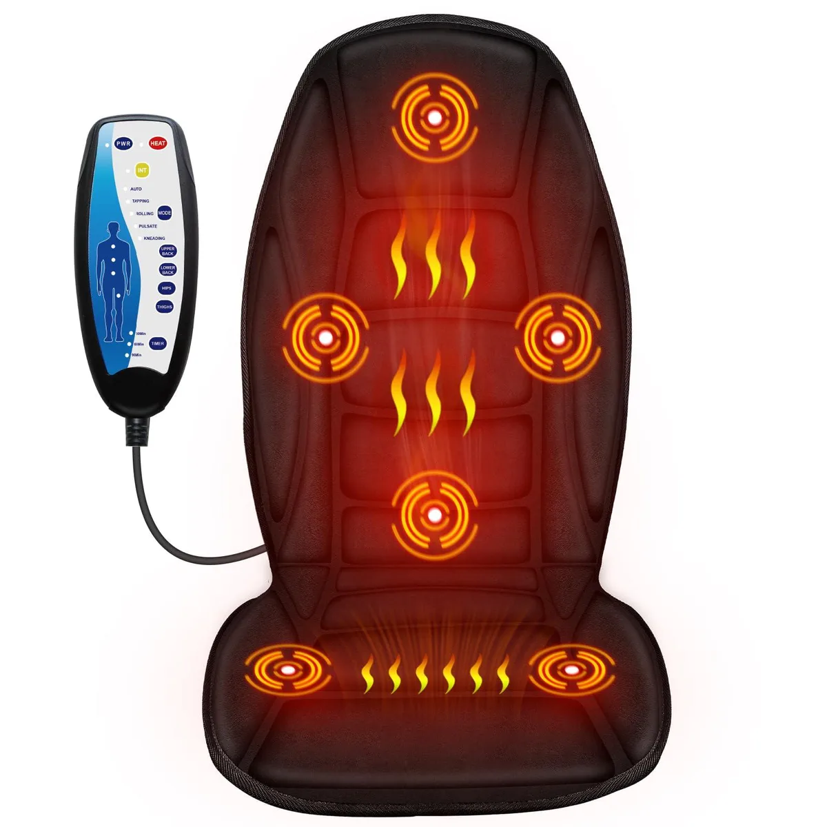 Dark massage mat with plush surface, corded controller, straps visible