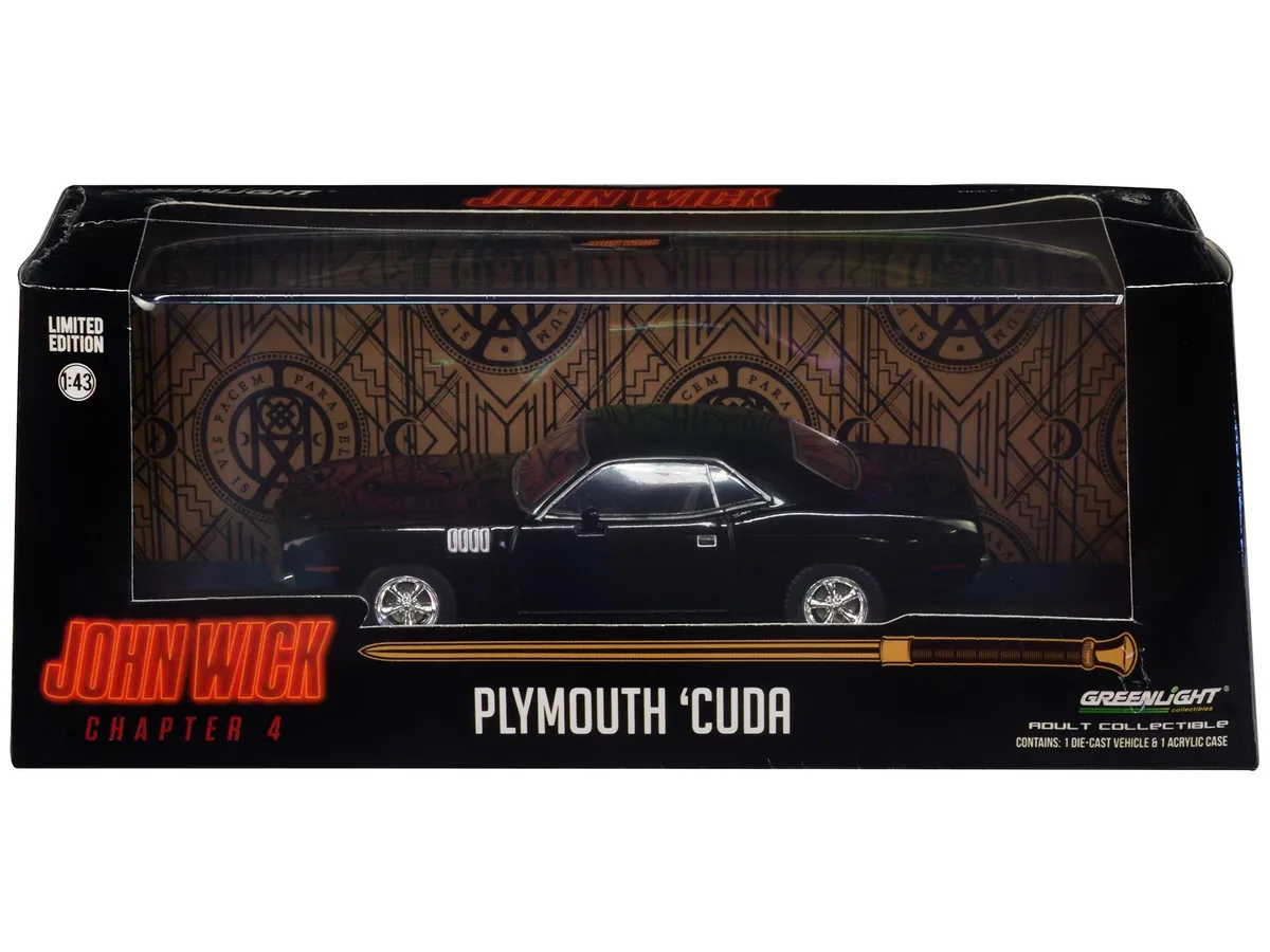 GREENLIGHT GREENLIGHT 1971 Plymouth Barracuda Black John Wick Chapter 4 1/43 Diecast — product photo